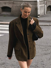 Aurohaya Oversized Suedine Blazer Women's Vintage Lapel Collar Jacket with Buttons & Pockets